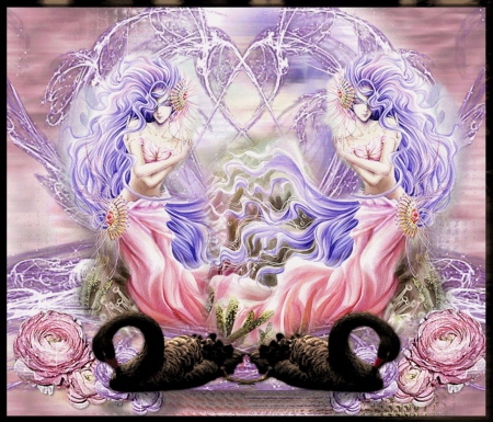 GEMINI MERMAIDS - purple, pink, mermaids, swans, female, gemini, two