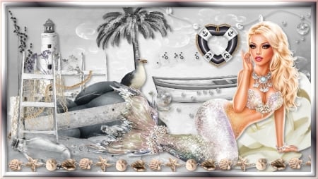 MERMAID - lighthouse, female, mermaid, shells, birds