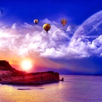Hot air Balloon Over the Sea at Sunset