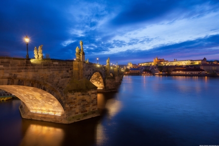 Blue Hour at the Charles Bridge - nature, sky, light, bridge, sea