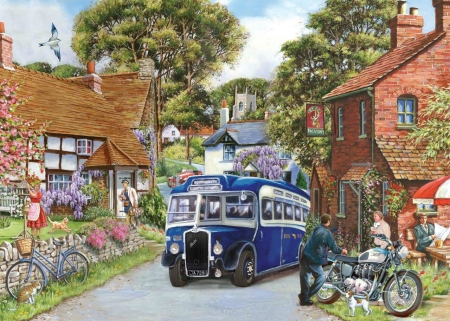 Tight Corner - pub, church, inn, milkman, cottages, flowers, bus, village, motorbike