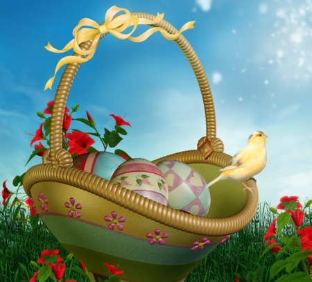 Happy Easter! - blue, card, easter, green, egg, basket, pasare, bird