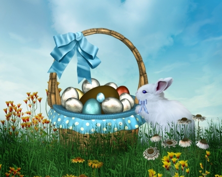 Happy Easter! - bow, blue, card, easter, egg, basket, bunny