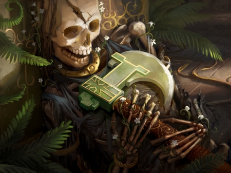 Holding an axe - skull, bones, death, fantasy, axe, suzanne helmigh, luminos, green, skeleton