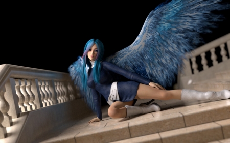 Angel - fantasy, blue, rendering, wings, girl, angel