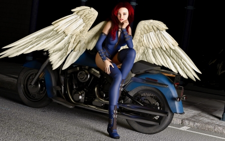 Angel - rendering, angel, girl, wings, motorcycle, fantasy, white, luminos, blue, feather