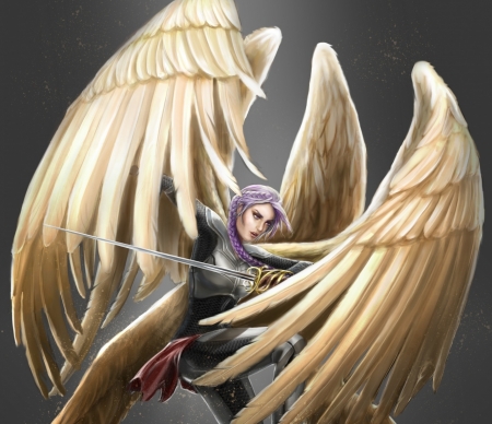 Angel - fantasy, girl sword, wings, angel, feather, pink