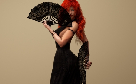 Redhead with hand fans - hand fan, dancer, dress, girl, fan, black, fantasy, redhead, rendering