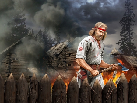 Man - fence, man, fantasy, russ, ancient, fire, smoke, axe, luminos