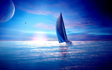 :) - moon, vara, summer, white, pink, blue, luna, sea, boat