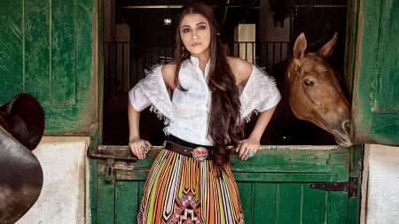 At The Barn . . - women, style, models, cowgirl, fashion, brunettes, stall, western, anushka sharma, horse, ranch, barn