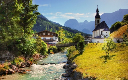 Small  Bridge Above The River - nature, houses, trees, river, mountains, bridge