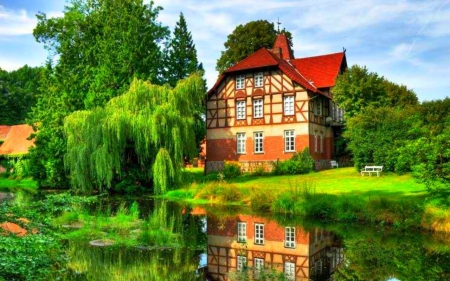 House Near Lakeside - nature, sky, lake, trees, reflection, house, grass