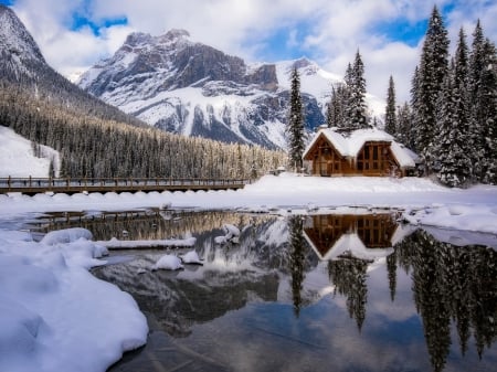 Emerald Lake (British Columbia) - lake, trees, winter, mountains, nature, reflection, snow, canada, house