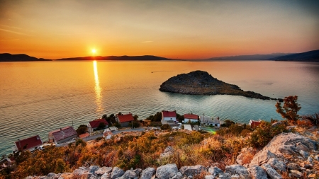 Lake Sunset - nature, village, lake, reflection, sunset