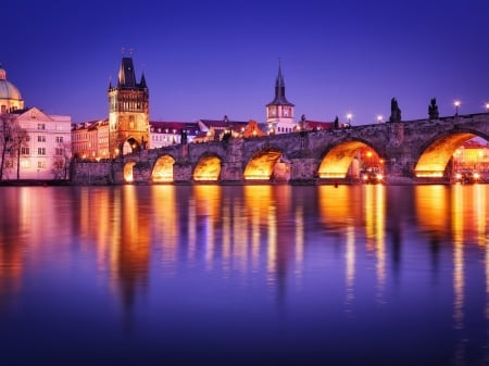 Charles Bridge at Night - nature, lights, prague, sea, night, reflection, bridge