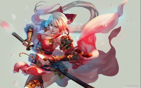 Samurai - fantasy, blue, antilous, katana, girl, orange, luminos, samurai