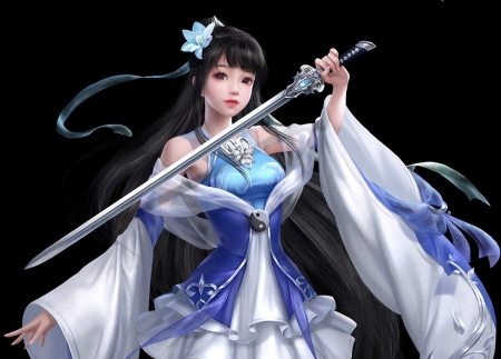 Fantasy girl - blue, 3q studio, girl, sword, frumusete, black, fantasy, white, luminos