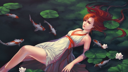 In clear waters - redhead, girl, water, summer, fantasy, luminos, green, elaine luo, koi, fish