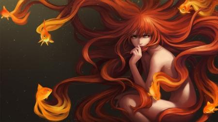 Gold fish girl - elaine luo, fantasy, redhead, summer, girl, gold fish, vara, luminos