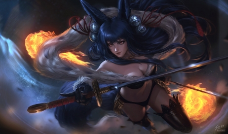 Ahri - game, fox, girl, lol, ahri, frumusete, fantasy, fire, nine tails, sean tay, luminos