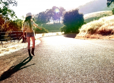 Going Her Way . . - style, western, women, road, models, hats, ranch, outdoors, brunettes, cowgirl, female, boots