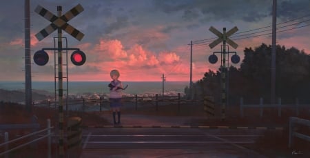 Sunset Railroad Crossing - black cat, ocean, sunset, anime girl, seifuku, big eyes, power poles, school uniform, railroad crossing, town, powerlines, railroad, clouds, anime, green hair, short hair