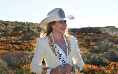 Miss Rodeo ~ California - hills, hat, sash, cowgirl, brunette, flowers, wildflowers