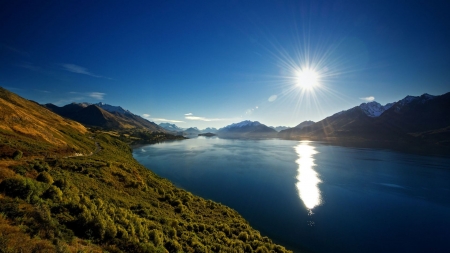 Sun Shinning on the Calm River - calm, nature, sky, reflection, river, sun, mountains