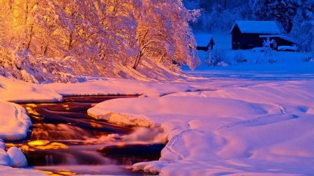 Small River in the Winter Sunset - house, river, trees, winter, sunset, nature, cabin, snow