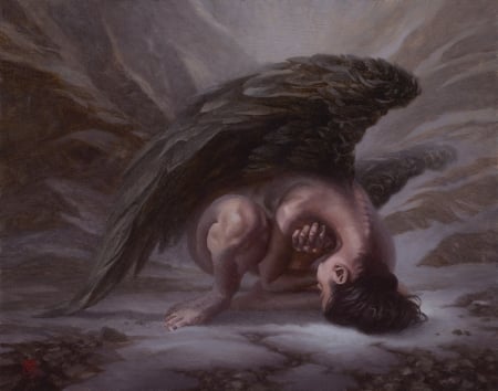 Severance by Christophe Vacher - feather, black, christophe vacher, dark, girl, art, wings, fantasy, luminos, angel