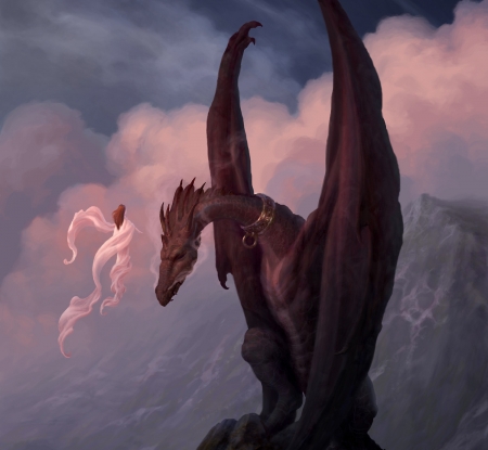 Taming of Naas by Christophe Vacher - christophe vacher, girl, pink, fantasy, dragon, red, naas, art, luminos