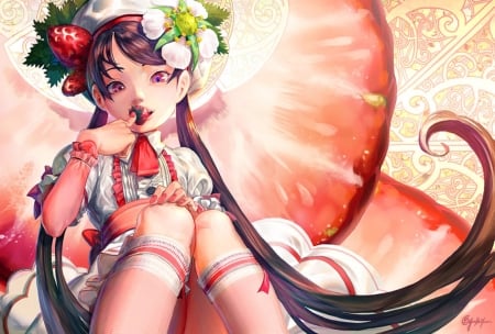 Strawberry girl - strawberry, girl, fantasy, fruit, han yuan yu, red, anime, orange, manga