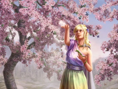 Bringer of life - girl, fantasy, spring, art, luminos, pink, dragon, tree, karin wittig, flower