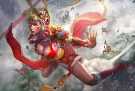 Monkey Queen - art, weichenstudio, girl, red, luminos, monkey queen, fantasy