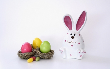 Happy Easter! - white, figurine, pink, card, easter, colorful, egg, bunny