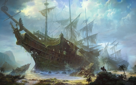 Ship - vara, palm tree, summer, fantasy, mist, ship, art, luminos, man