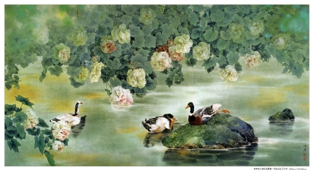 Ducks - bird, duck, water, summer, chinese, flower, pictura, green, painting, zou chuanan, pasare, lake