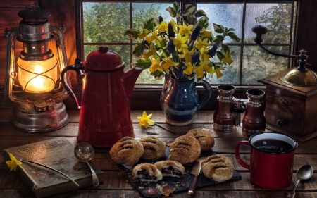 Still Life with Daffodils - food, daffodils, still life, coffee