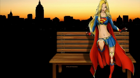 Supergirl Wallpaper On The Bench - supergirl, comics, cartoon, deviantart, 1920x1080 only, city life, kara danvers, dc comics, hd wallpapers, bench, desktop background, fanpop, fan art, art, wallpaper