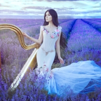 Woman With Harp in Lavender Field