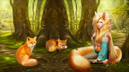 Foxy Girl - forest, digital, pretty, beautiful, girl, fox, art, fantasy, female, woman