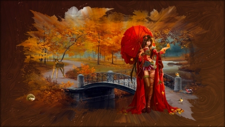 Geisha and Bridge - woman, girl, asian, fantasy, geisha, art, pretty, beautiful, digital, bridge