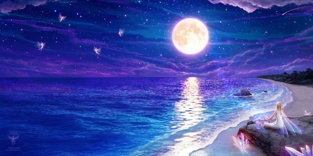 Moonlight - moon, christos karapanos, water, summer, blue, girl, sea, pink, fantasy, white, fairy, vara, luminos, sky, luna