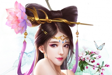 Diao Chan - girl, diao chan, frumusete, fantasy, king of glory, butterfly, fan xiu, game, pink, luminos, peony, flower