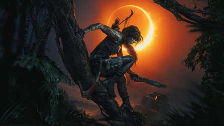 Lara Croft - moon, girl, orange, dark, black, fantasy, lara croft, eclipse, tomb raider, luna