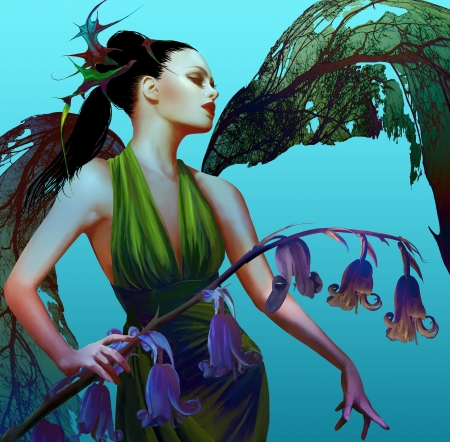 Bluebell fairy - keith donald, girl, fantasy, bluebell, purple, luminos, blue, green, fairy, flower