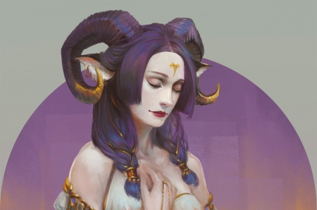 Zodiac ~ Aries - aries, girl, miss mu, lily chen, horns, fantasy, purple, face, zodiac, luminos