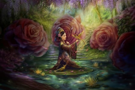 Beast master - trandafir, water, rose, fantasy, joseph ong, wisteria, art, luminos, green, orange, kimono, lake, vara, girl, frumusete, beast master, summer, asian, pink