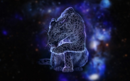 Space leopard - space, fantasy, leopard, tamberella, purple, blue, paw, luminos